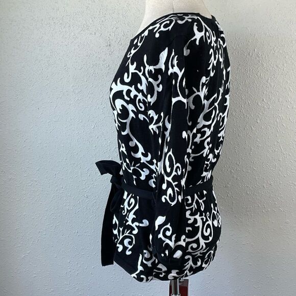 EUC Lifestyle Attitude By Larry Levine Black and White Tie 3/4 Sleeve Blouse L - Picture 3 of 5